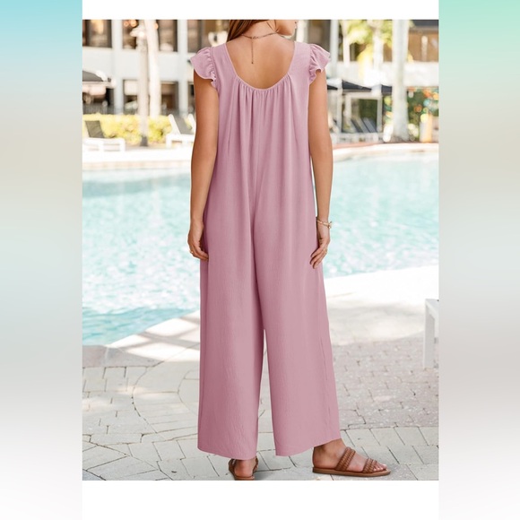 Loose Jumpsuit V Neck Sleeveless Oversized Wide Leg Pant Romper with Pockets - Picture 4 of 5